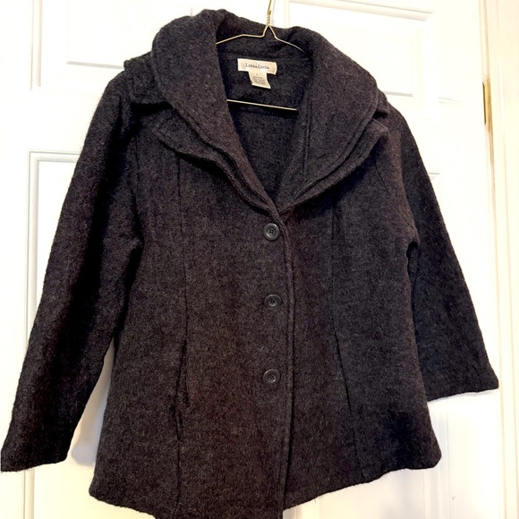 Linda Lucia 100% Wool Woman’s Double Collar Gray Cropped Jacket Cardigan Large - Picture 1 of 6